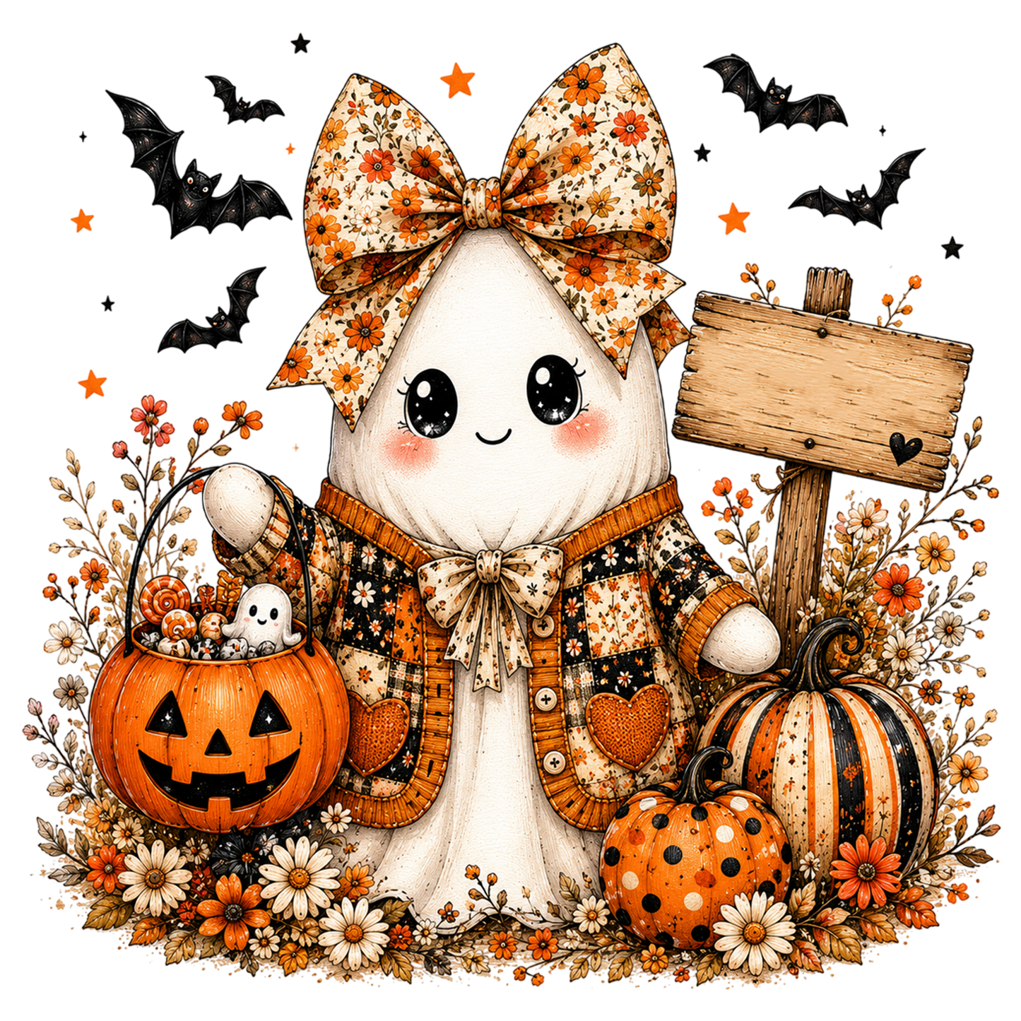 Vintage Boho Floral Halloween Ghost Pumpkin PNG