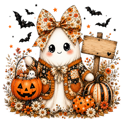 Vintage Boho Floral Halloween Ghost Pumpkin PNG