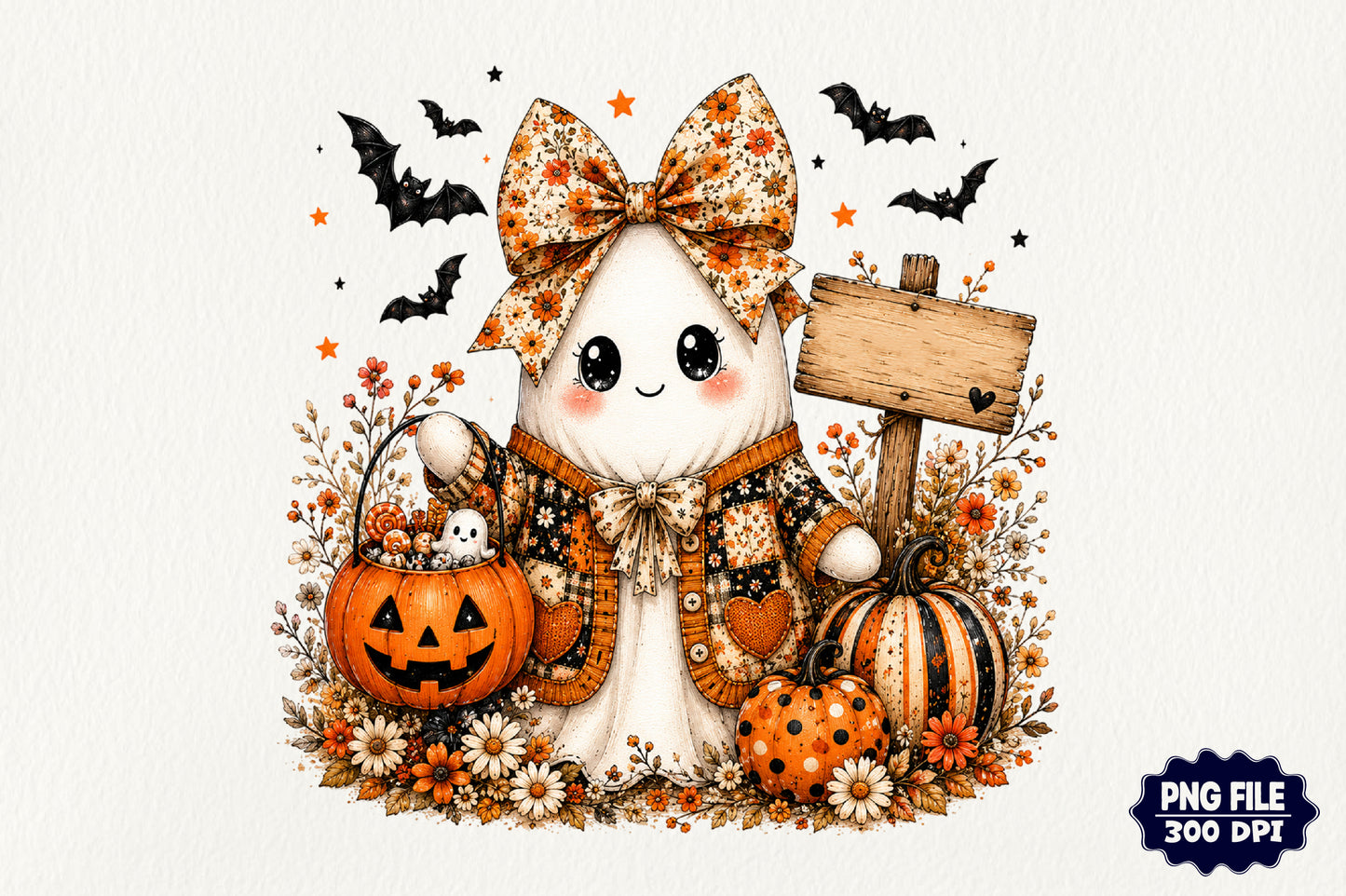 Vintage Boho Floral Halloween Ghost Pumpkin PNG