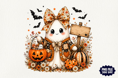 Vintage Boho Floral Halloween Ghost Pumpkin PNG