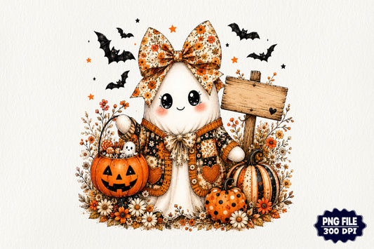 Vintage Boho Floral Halloween Ghost Pumpkin PNG