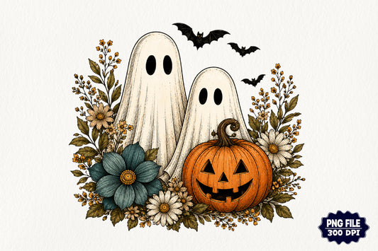 Vintage Boho Ghost Pumpkin Floral Halloween PNG Fall Sublimation