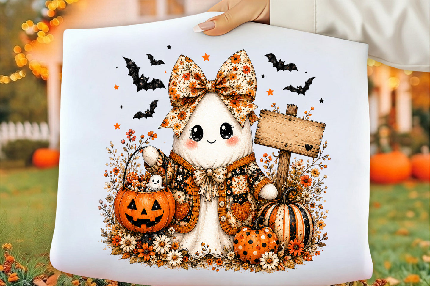 Vintage Boho Floral Halloween Ghost Pumpkin PNG