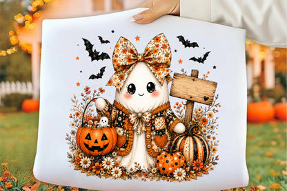 Vintage Boho Floral Halloween Ghost Pumpkin PNG
