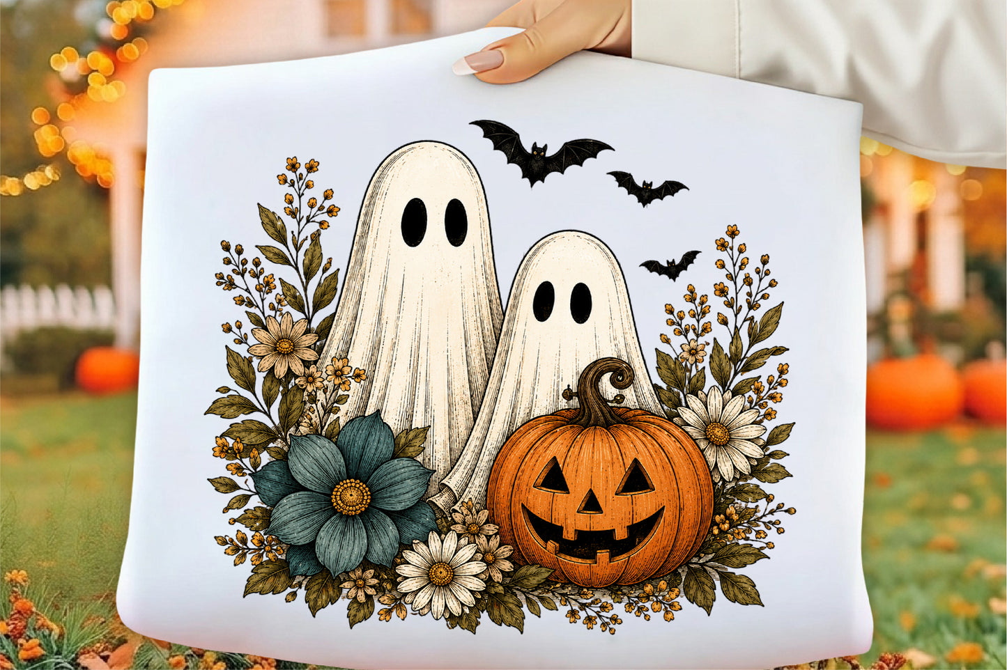 Vintage Boho Ghost Pumpkin Floral Halloween PNG Fall Sublimation