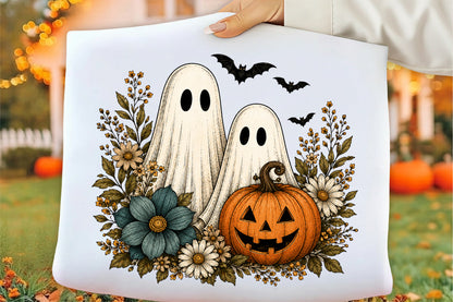 Vintage Boho Ghost Pumpkin Floral Halloween PNG Fall Sublimation
