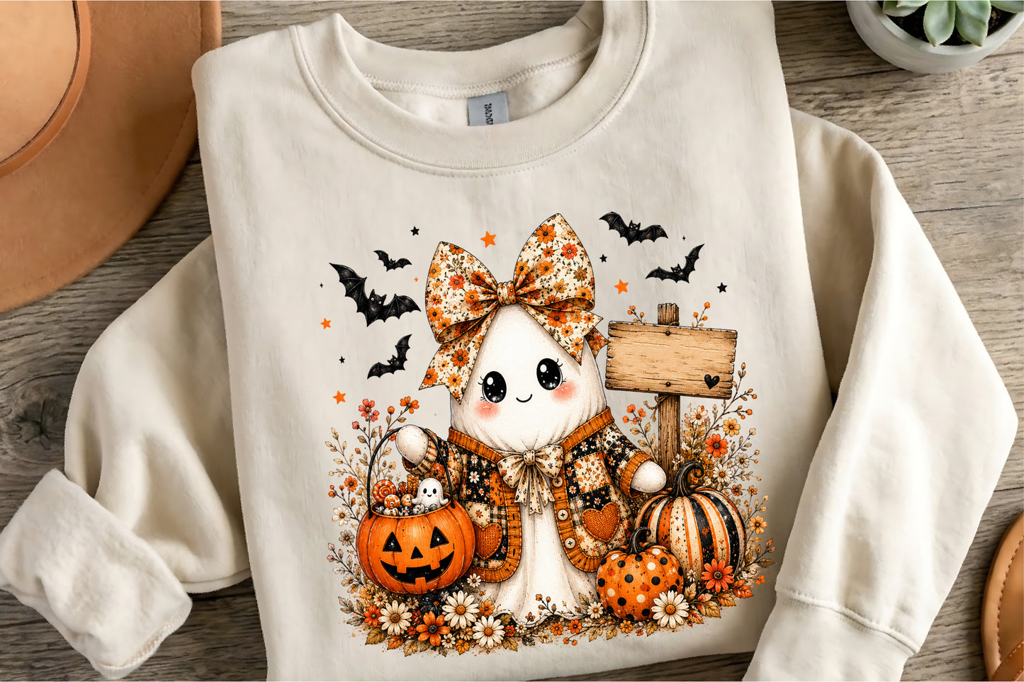 Vintage Boho Floral Halloween Ghost Pumpkin PNG