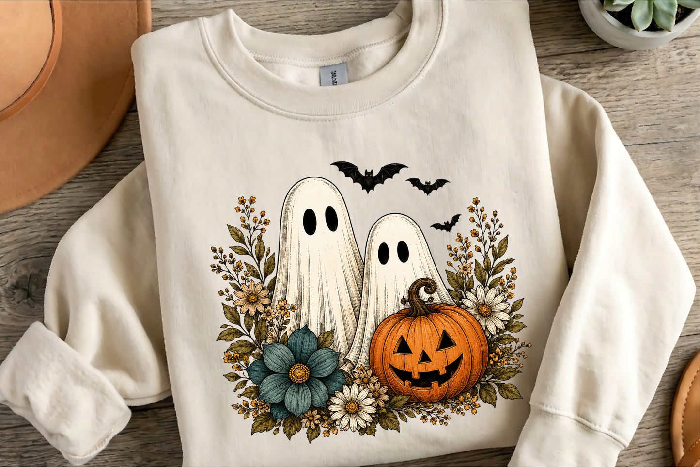 Vintage Boho Ghost Pumpkin Floral Halloween PNG Fall Sublimation