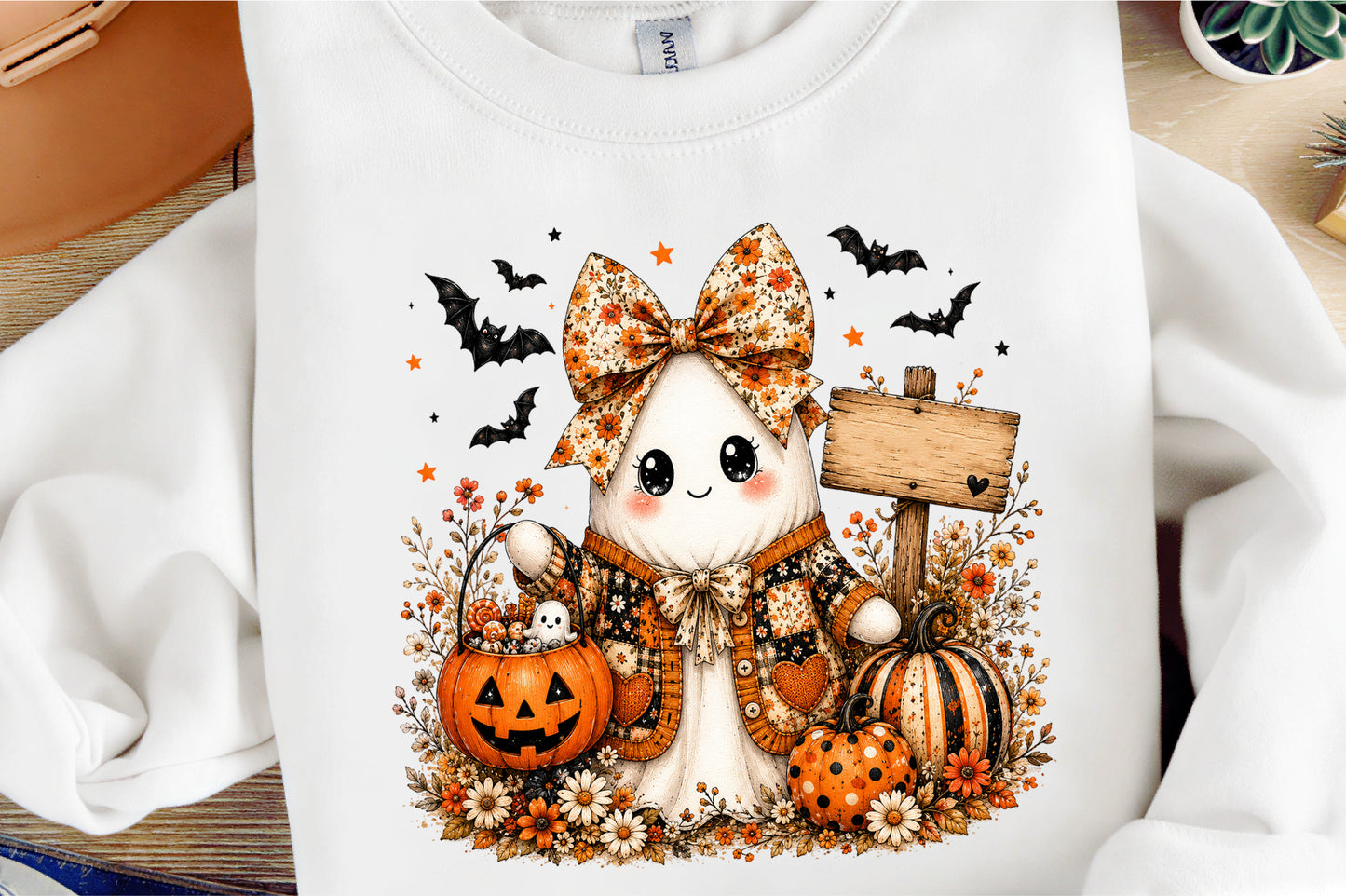 Vintage Boho Floral Halloween Ghost Pumpkin PNG