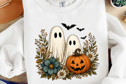 Vintage Boho Ghost Pumpkin Floral Halloween PNG Fall Sublimation