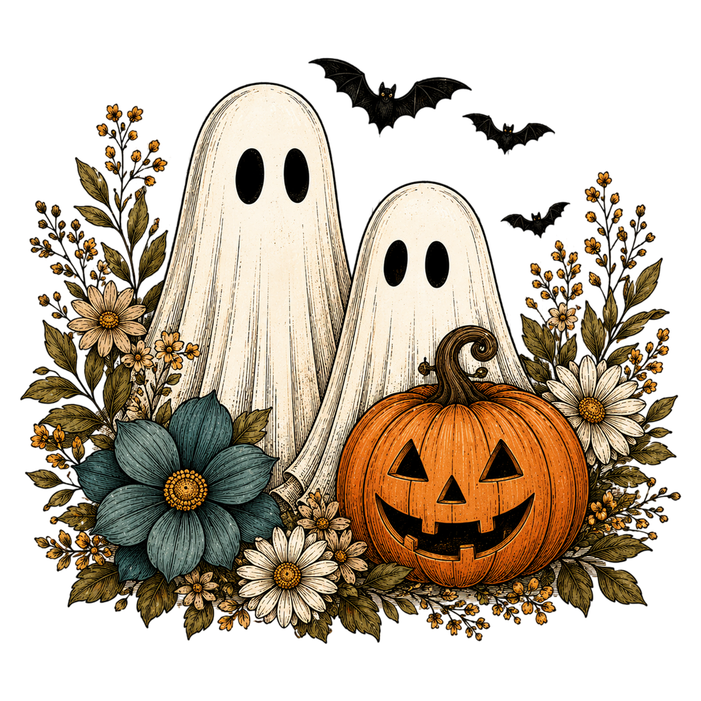 Vintage Boho Ghost Pumpkin Floral Halloween PNG Fall Sublimation
