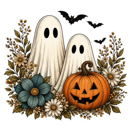 Vintage Boho Ghost Pumpkin Floral Halloween PNG Fall Sublimation