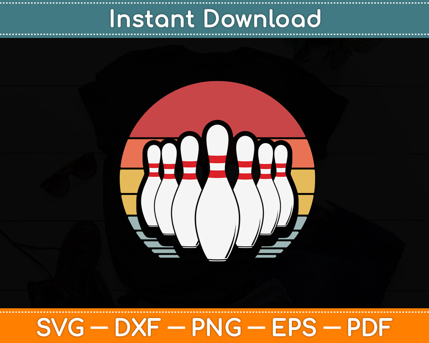 Vintage Bowling Pin & 80's Sunset Retro Svg Png Dxf Digital Cutting File