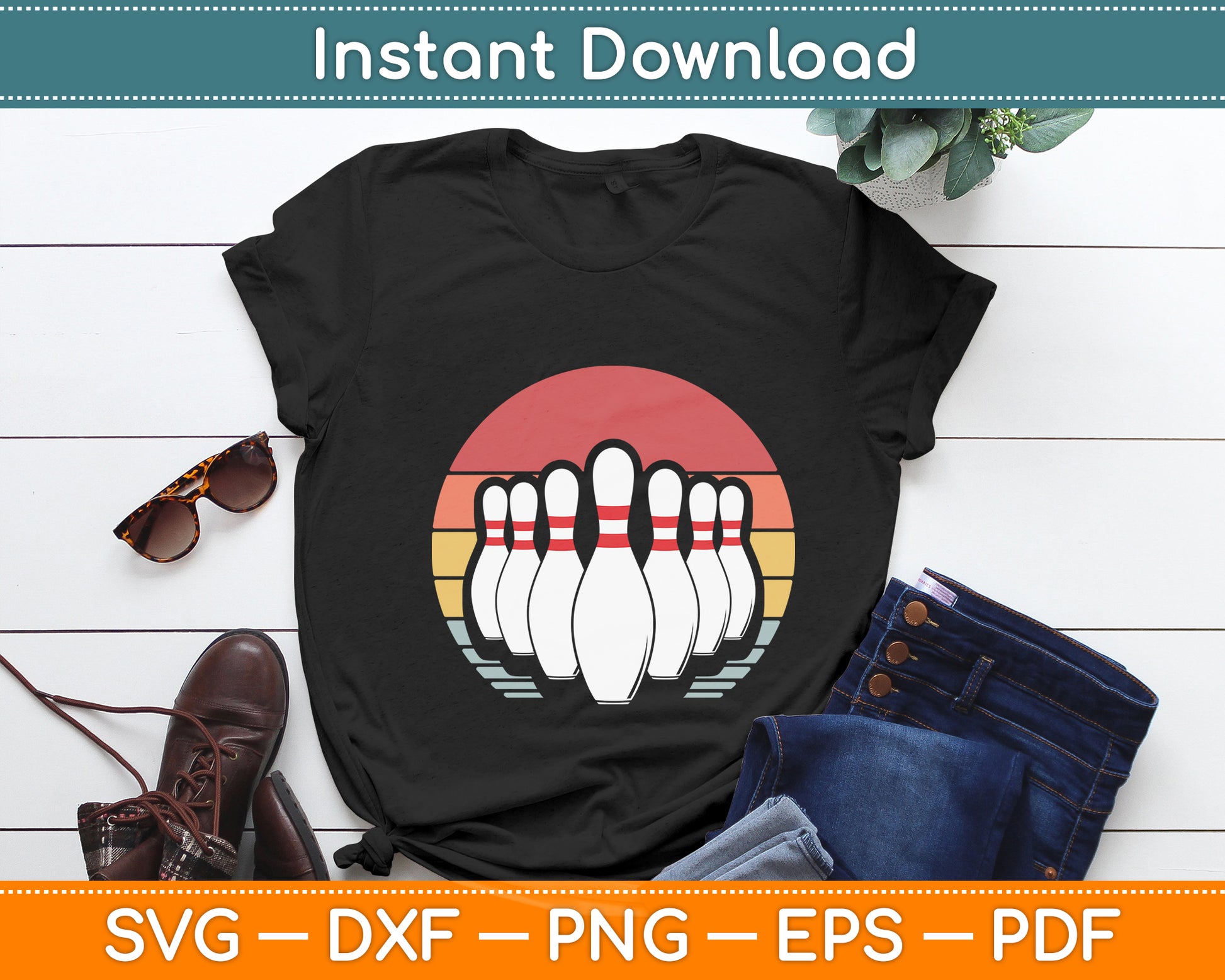 Vintage Bowling Pin & 80's Sunset Retro Svg Png Dxf Digital Cutting File