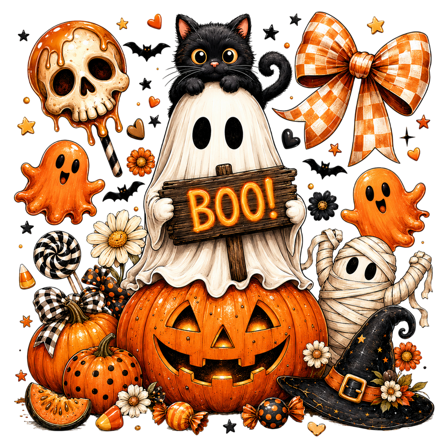 Vintage Ghost Coquette Halloween Pumpkin Cat Boo PNG Sublimation