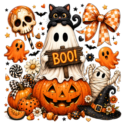 Vintage Ghost Coquette Halloween Pumpkin Cat Boo PNG Sublimation