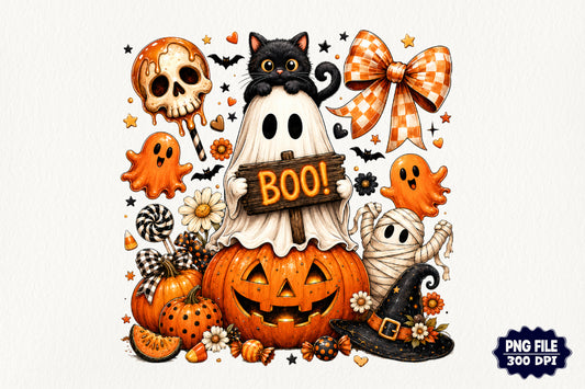 Vintage Ghost Coquette Halloween Pumpkin Cat Boo PNG Sublimation