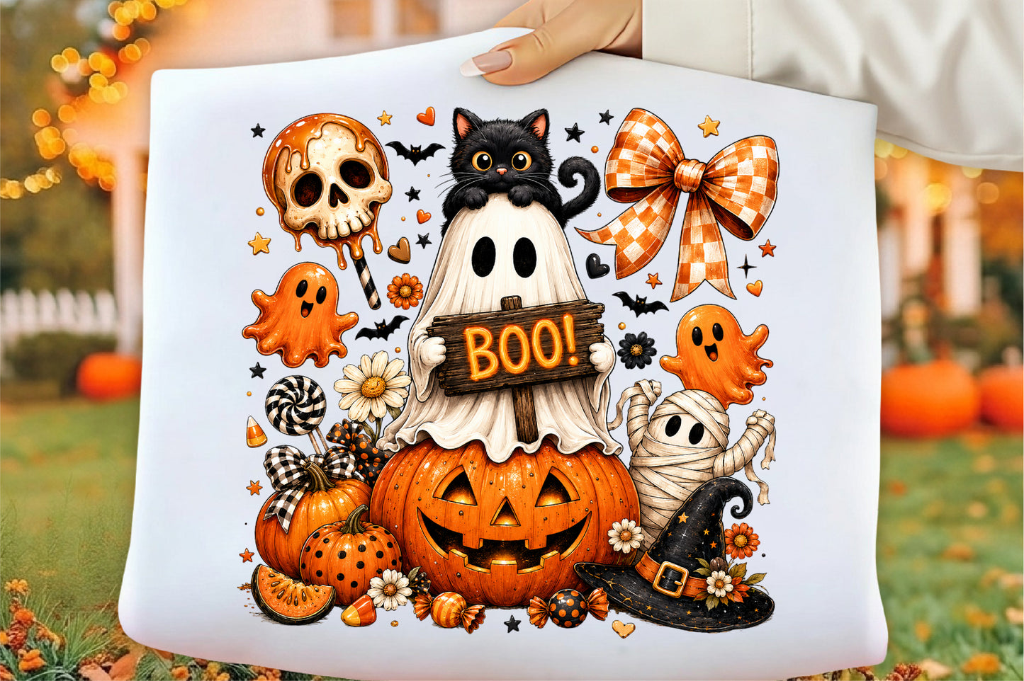 Vintage Ghost Coquette Halloween Pumpkin Cat Boo PNG Sublimation