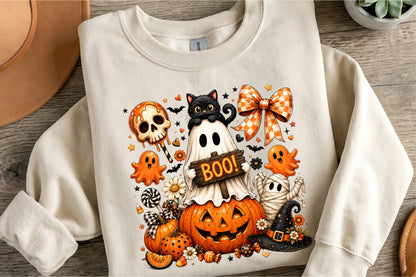 Vintage Ghost Coquette Halloween Pumpkin Cat Boo PNG Sublimation