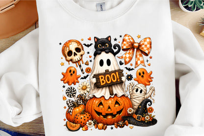 Vintage Ghost Coquette Halloween Pumpkin Cat Boo PNG Sublimation