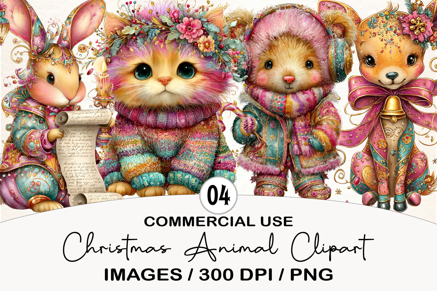 Vintage Christmas Animal Clipart PNG