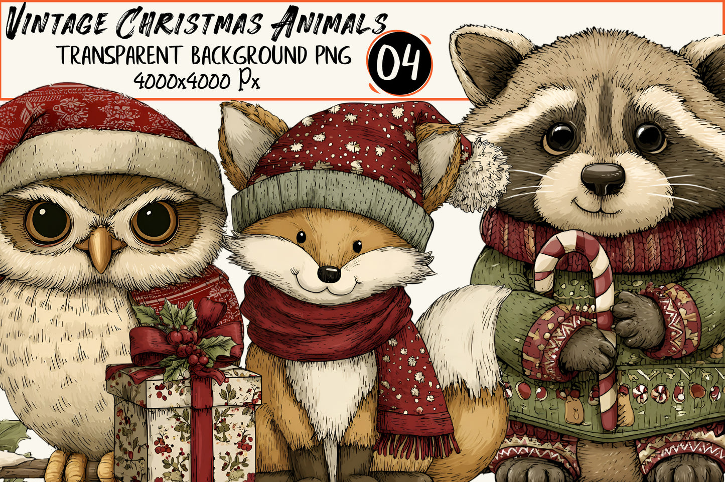 Vintage Christmas Animals Clipart PNG – 4 Designs