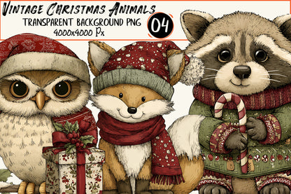 Vintage Christmas Animals Clipart PNG – 4 Designs