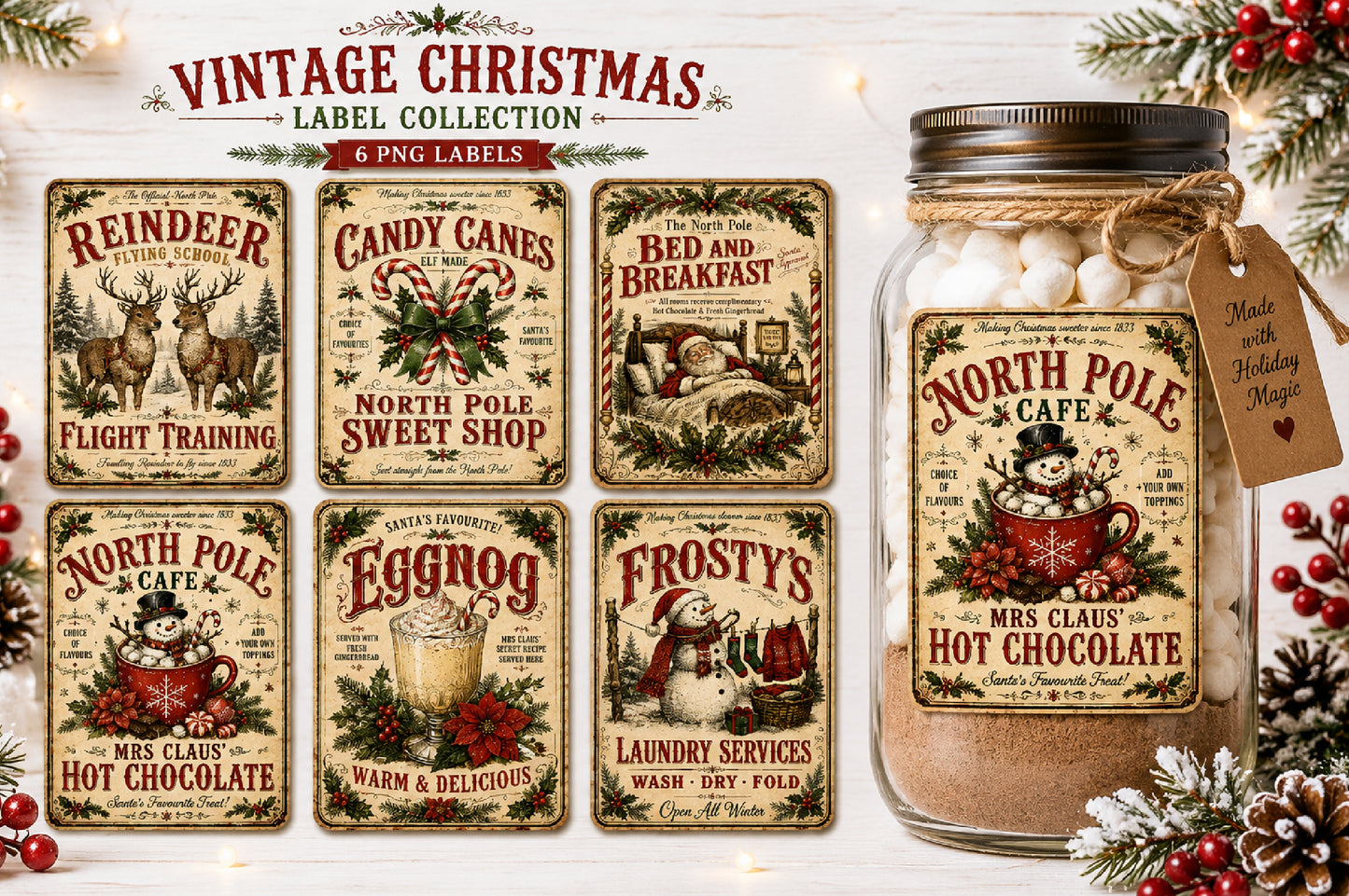 Vintage Christmas Labels PNG Retro Holiday Label Bundle