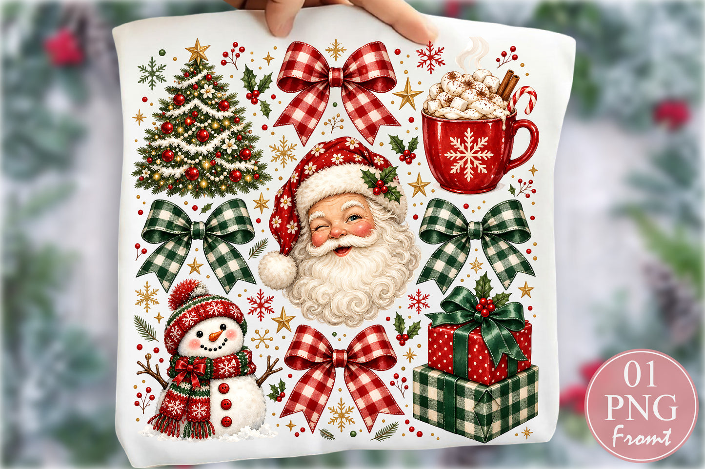 Vintage Christmas Elements PNG Santa Snowman Tree Cocoa Gift Sublimation Bundle