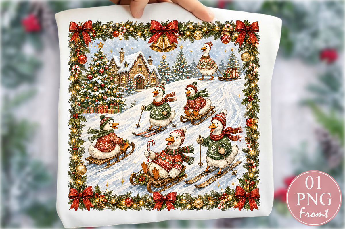 Vintage Christmas Geese Winter Scene PNG Cute Holiday Sublimation Design