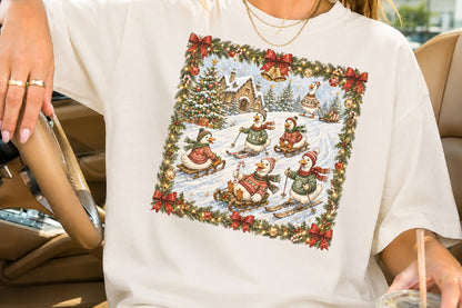 Vintage Christmas Geese Winter Scene PNG Cute Holiday Sublimation Design