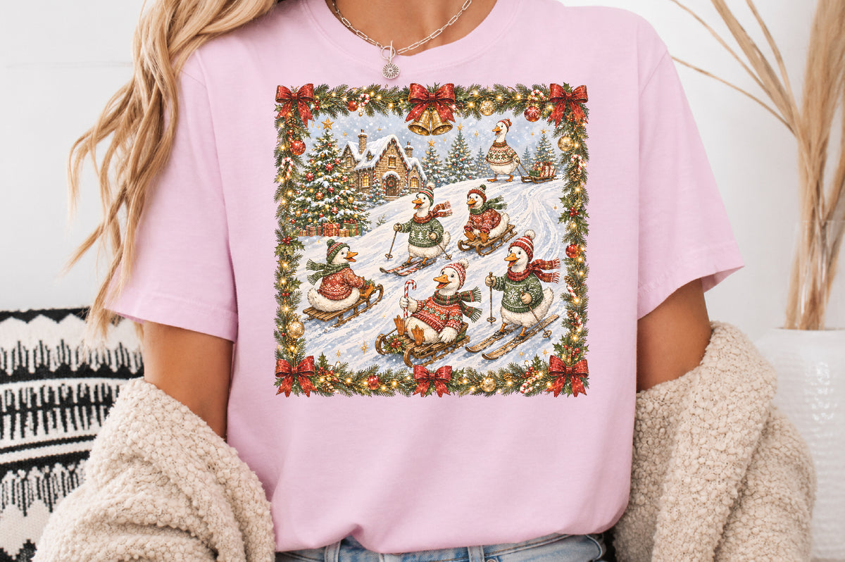 Vintage Christmas Geese Winter Scene PNG Cute Holiday Sublimation Design