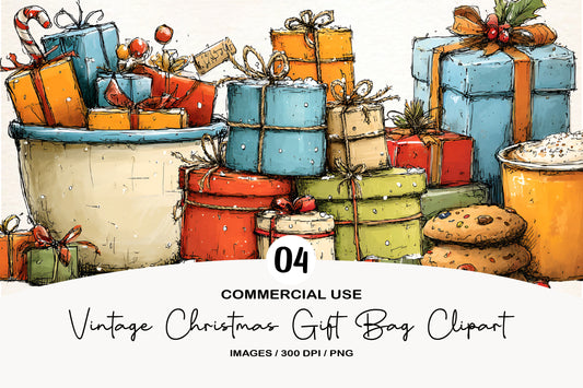 Vintage Christmas Gift Bag Clipart PNG Bundle | Watercolor Holiday Gift Bag Clipart | Rustic Christmas Gift PNG