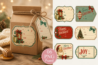 Vintage Christmas Gift Tags PNG Bundle | 6 Printable Holiday Tags