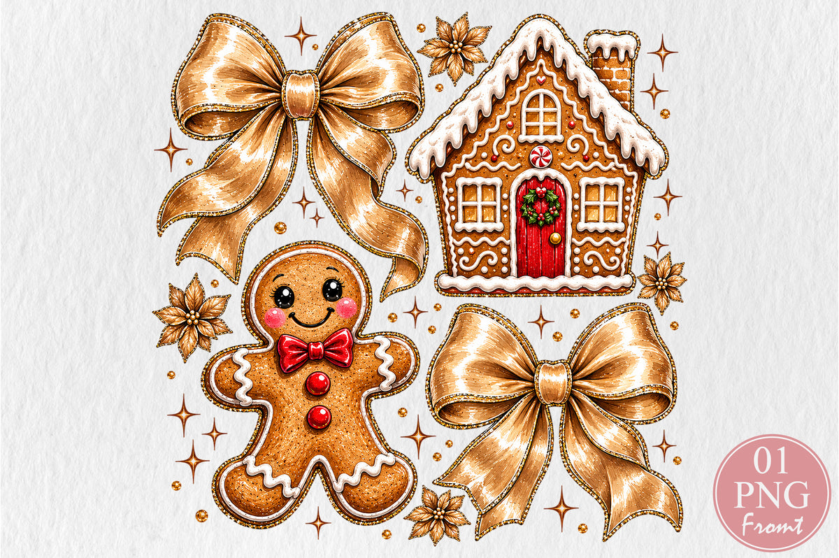 Vintage Christmas Gingerbread House PNG Gold Bow Gingerbread Man Sublimation