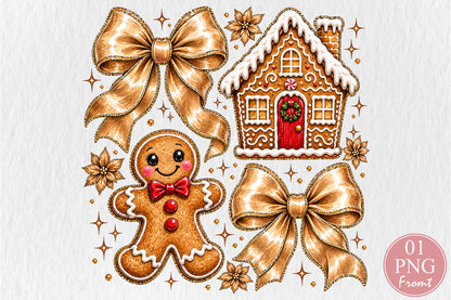 Vintage Christmas Gingerbread House PNG Gold Bow Gingerbread Man Sublimation