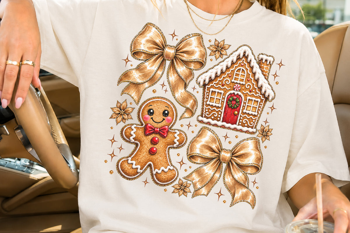 Vintage Christmas Gingerbread House PNG Gold Bow Gingerbread Man Sublimation