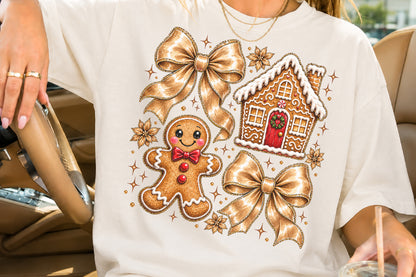 Vintage Christmas Gingerbread House PNG Gold Bow Gingerbread Man Sublimation