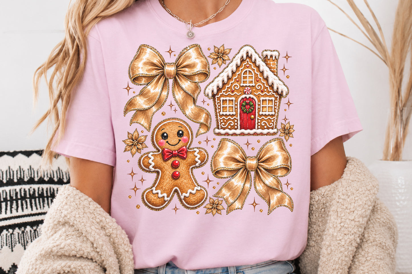 Vintage Christmas Gingerbread House PNG Gold Bow Gingerbread Man Sublimation