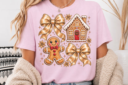 Vintage Christmas Gingerbread House PNG Gold Bow Gingerbread Man Sublimation