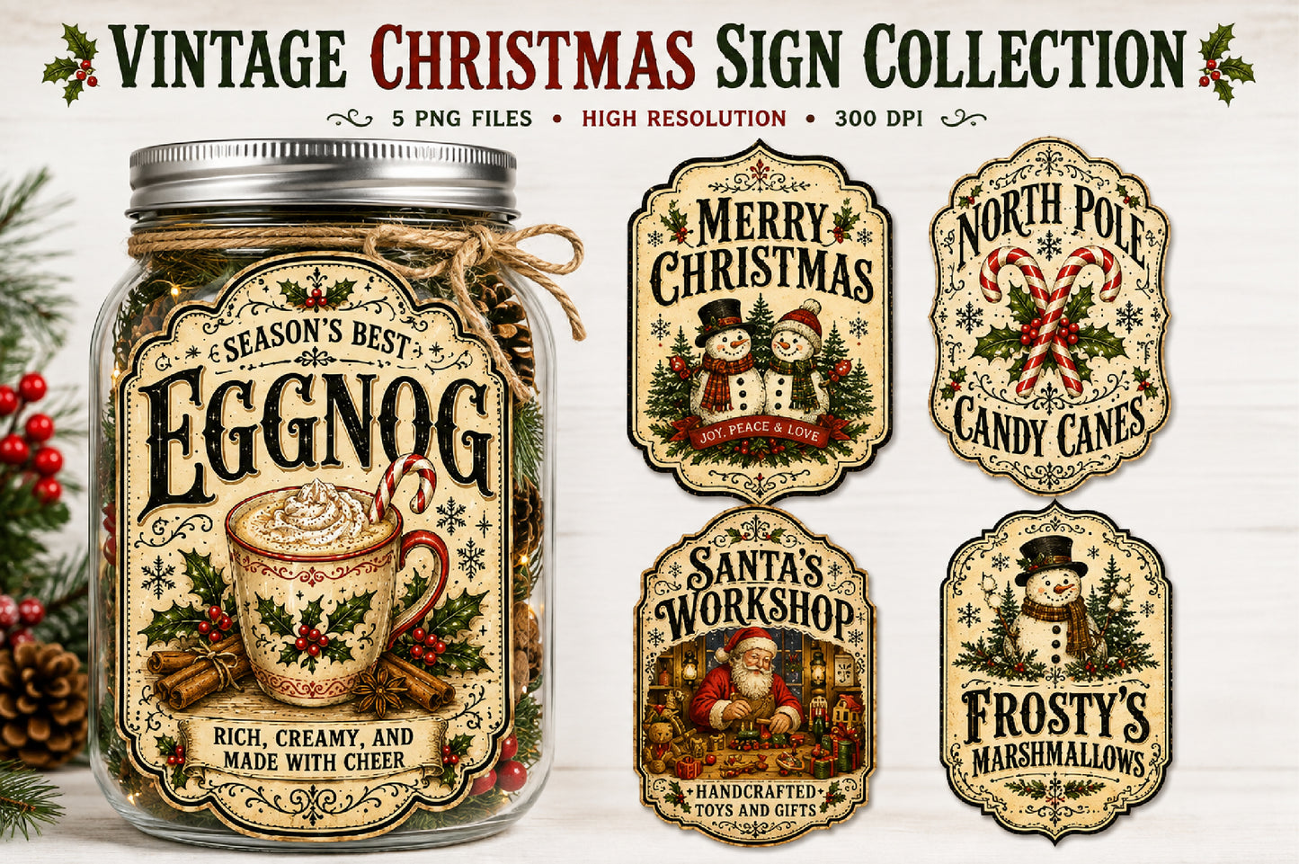 Vintage Christmas Label PNG Bundle Sublimation