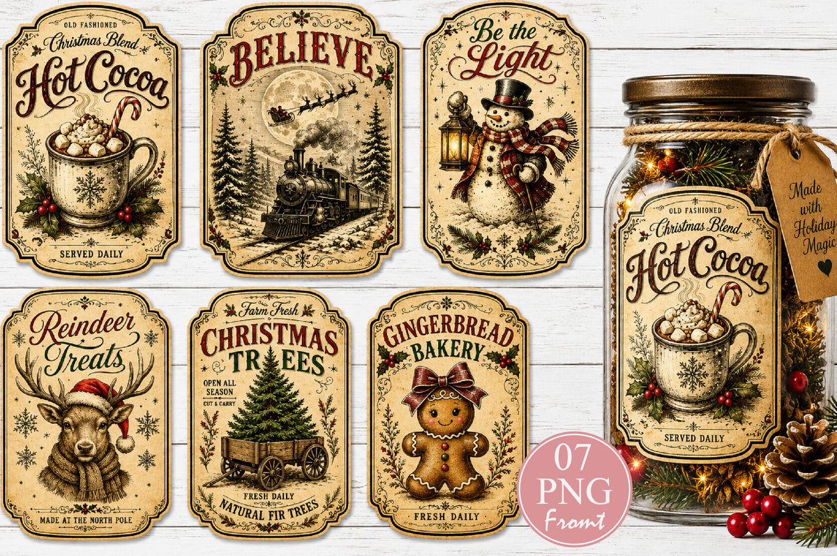 Vintage Christmas Label Signs PNG Retro Holiday Bundle