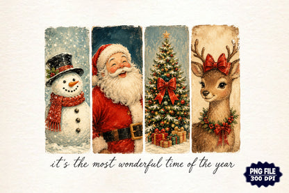 Vintage Christmas Snowman Santa Reindeer Holiday PNG Sublimation