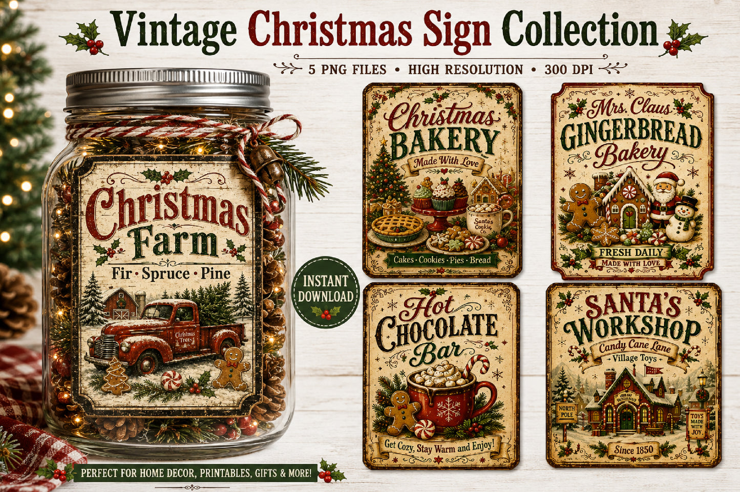 Vintage Christmas Signs PNG Bundle Sublimation