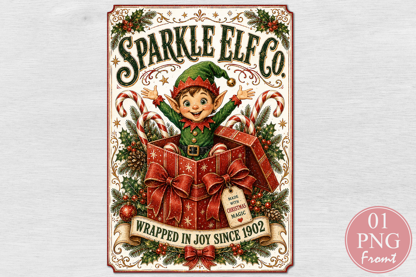 Vintage Christmas Sparkle Elf PNG Sublimation Design