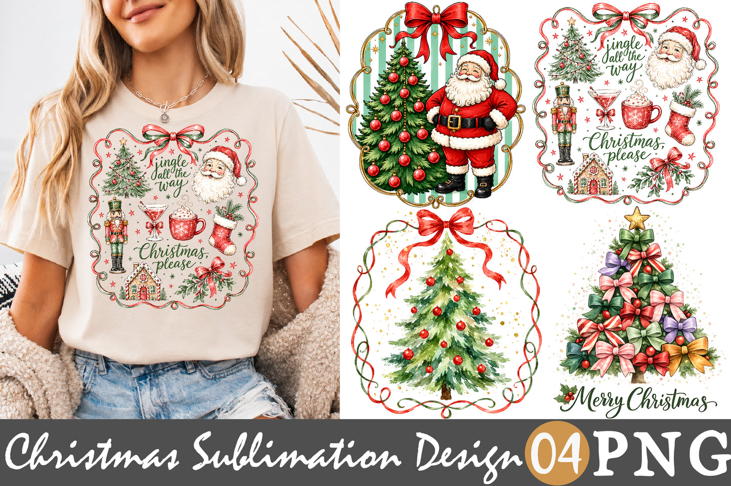 Vintage Christmas Sublimation PNG Santa Tree Nutcracker Merry Christmas Bundle