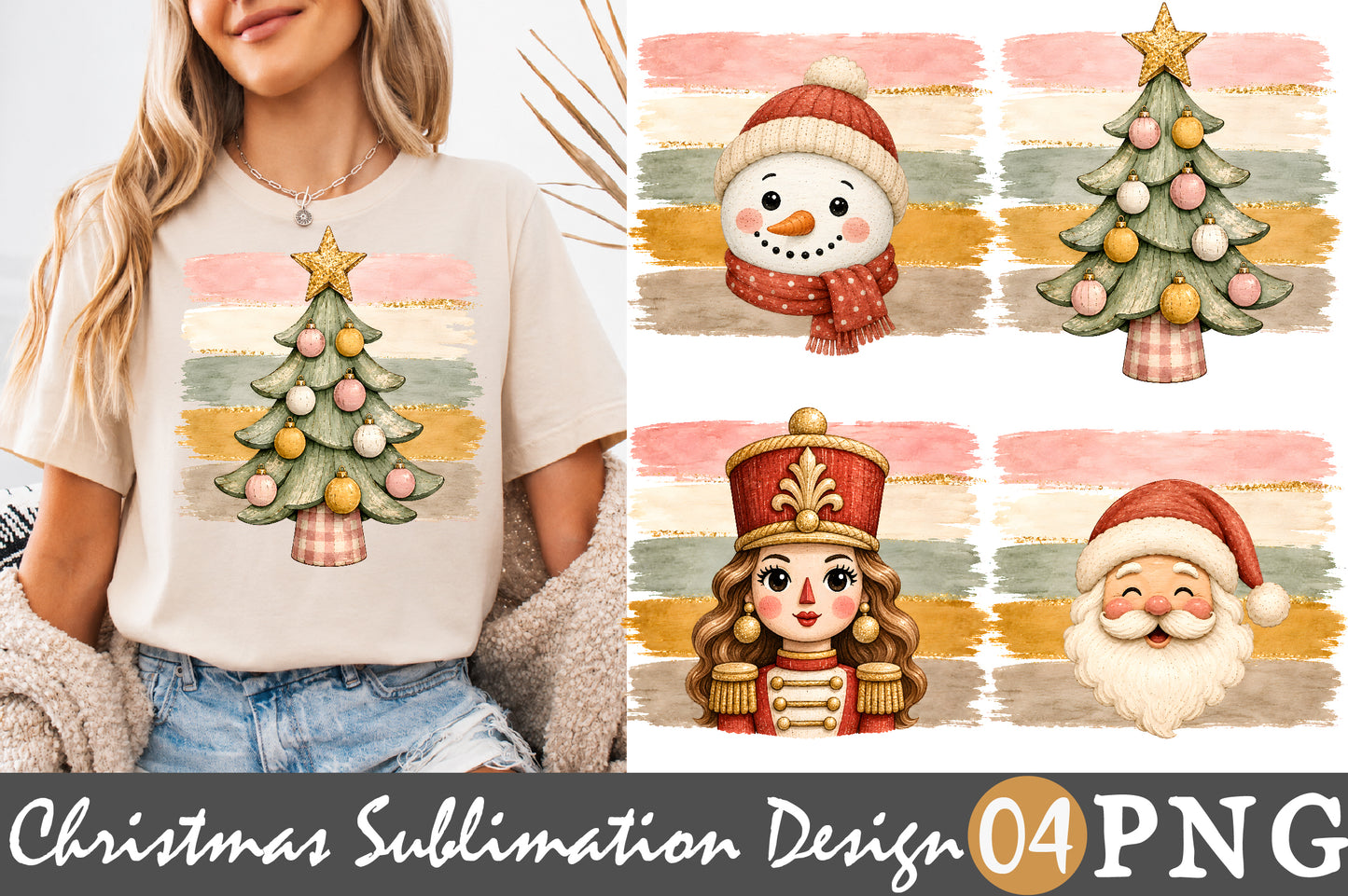 Vintage Christmas Sublimation PNG Santa Snowman Tree Nutcracker Bundle