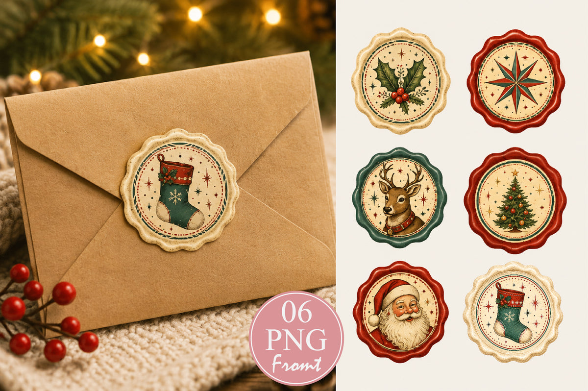 Vintage Christmas Wax Seal PNG Bundle | 6 Holiday Sticker Designs
