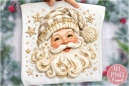 Vintage Cream Gold Santa Claus PNG Christmas Glitter Sublimation Design