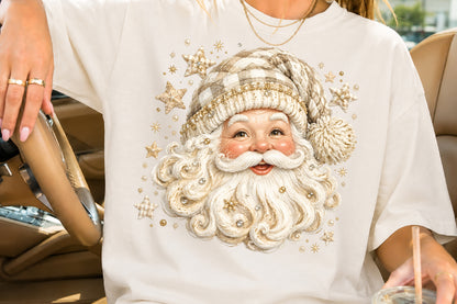 Vintage Cream Gold Santa Claus PNG Christmas Glitter Sublimation Design